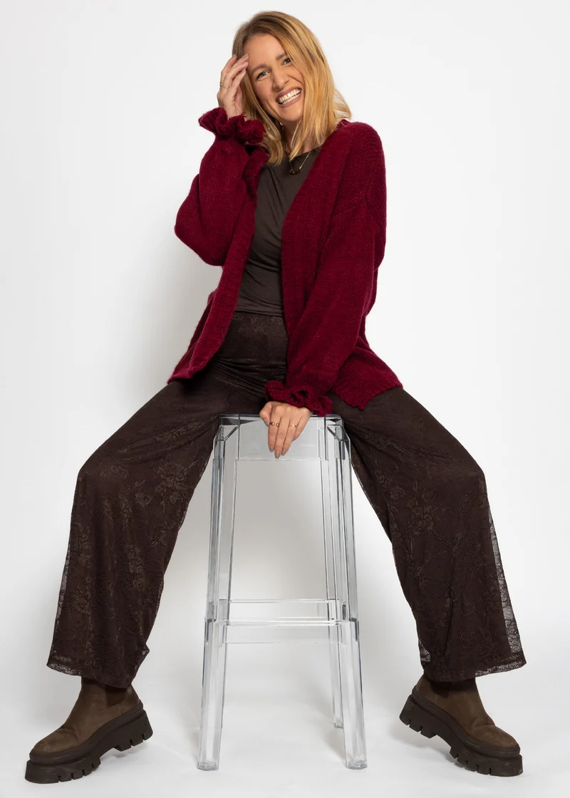 Oversize Cardigan mit Volantärmeln - burgundy