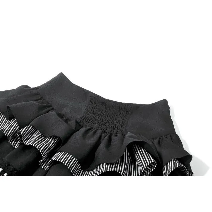 Gothic-Mehrlagenrock für Damen mit Raffungen und Netzsaum