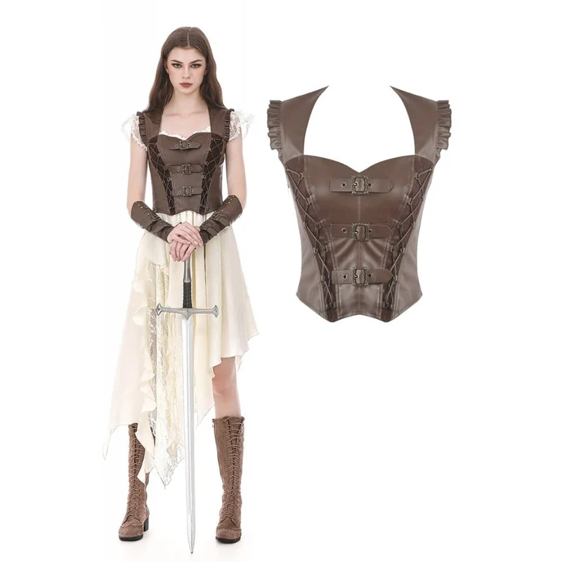 Steampunk-Weste für Damen mit Schnallenriemen, seitlichem Reißverschluss und Cut-Outs