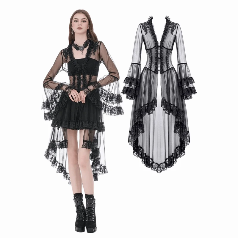 Gothic-Mantel für Damen mit Spitzenapplikationen, transparentem Design und ausgestellten Ärmeln