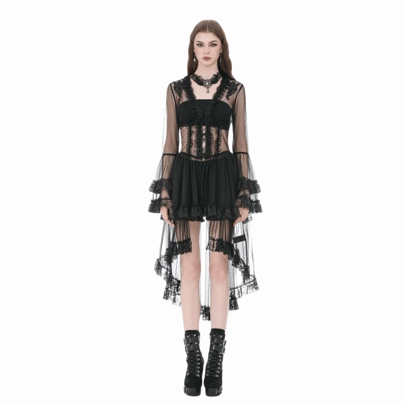 Gothic-Mantel für Damen mit Spitzenapplikationen, transparentem Design und ausgestellten Ärmeln