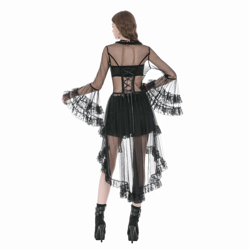 Gothic-Mantel für Damen mit Spitzenapplikationen, transparentem Design und ausgestellten Ärmeln
