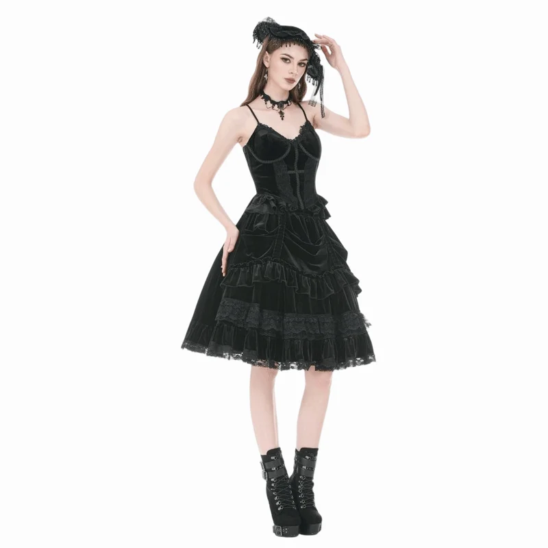 Gothic-T-Shirt aus Samt mit Kreuzverzierung und Rüschen für Damen