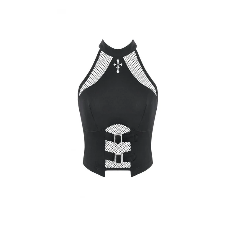 Punk-Tanktop mit gekreuzten Mesh-Einsätzen für Damen, Neckholder