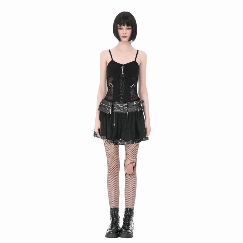 Gothic-Tanktop für Damen mit Spinnennetz-Motiv und Schnürung