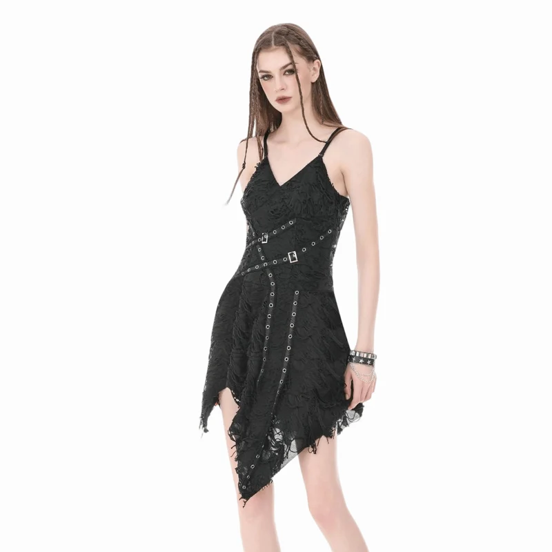 Punk-Slipkleid für Damen mit Ösenriemen und asymmetrischem Saum