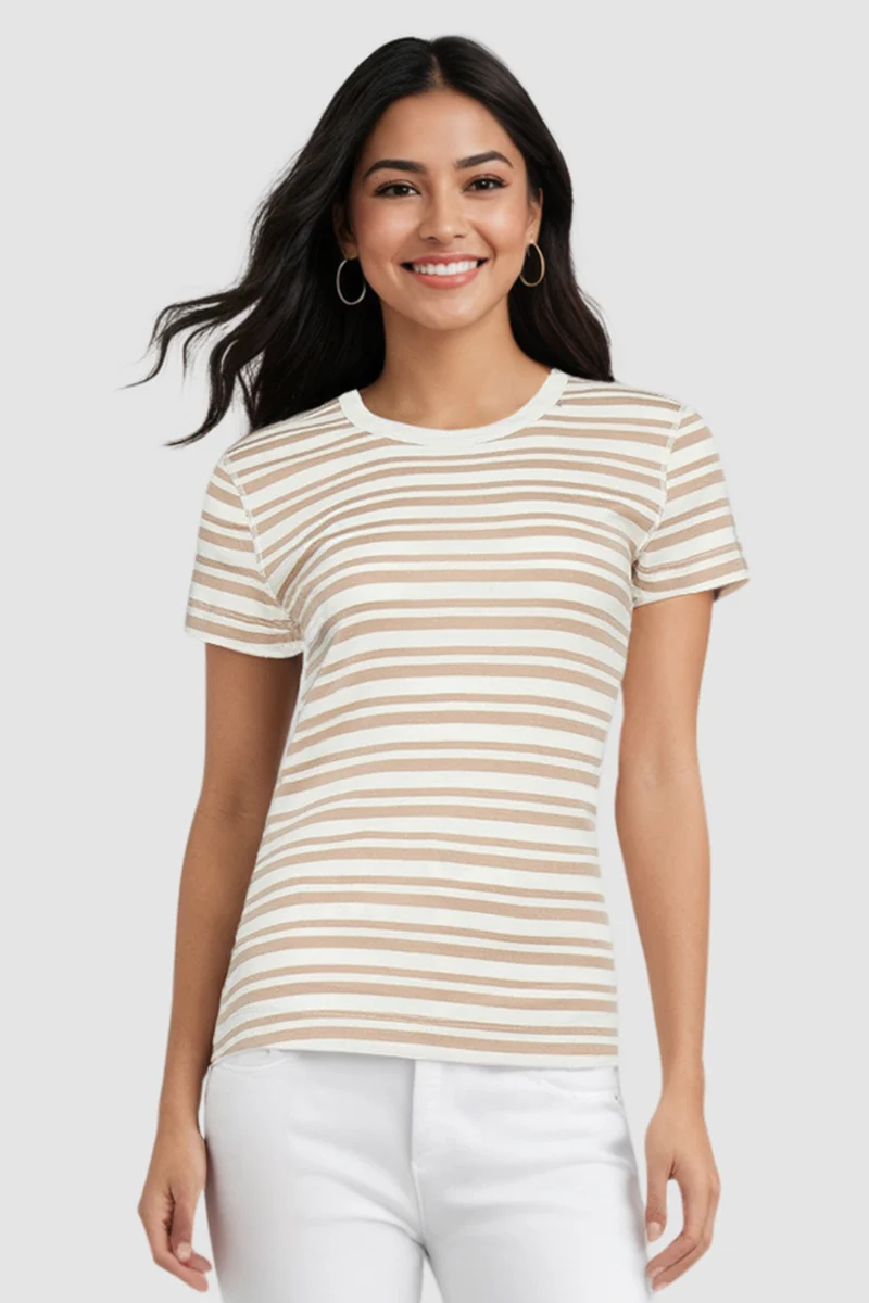 Crew-Neck Short Sleeve Tee | Light Taupe Mature Stripes