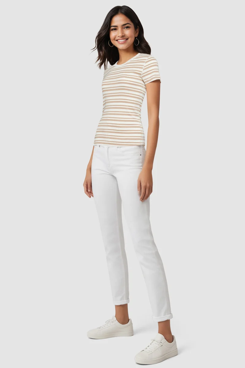 Crew-Neck Short Sleeve Tee | Light Taupe Mature Stripes