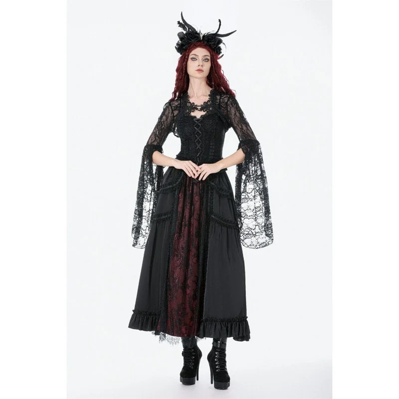 Gothic-Maxirock mit Rüschen und Spitze für Damen, schwarz-rot