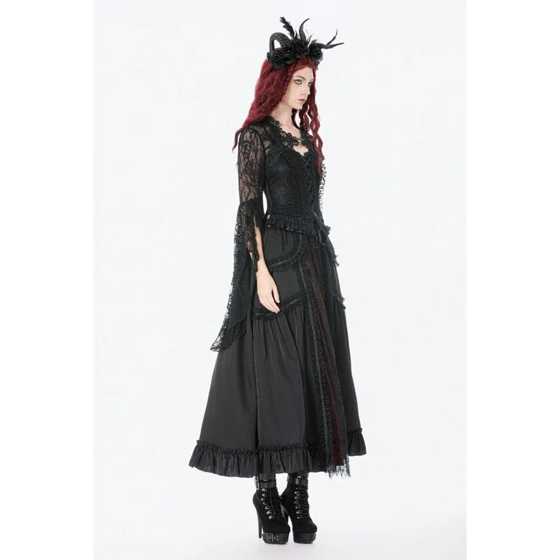 Gothic-Maxirock mit Rüschen und Spitze für Damen, schwarz-rot