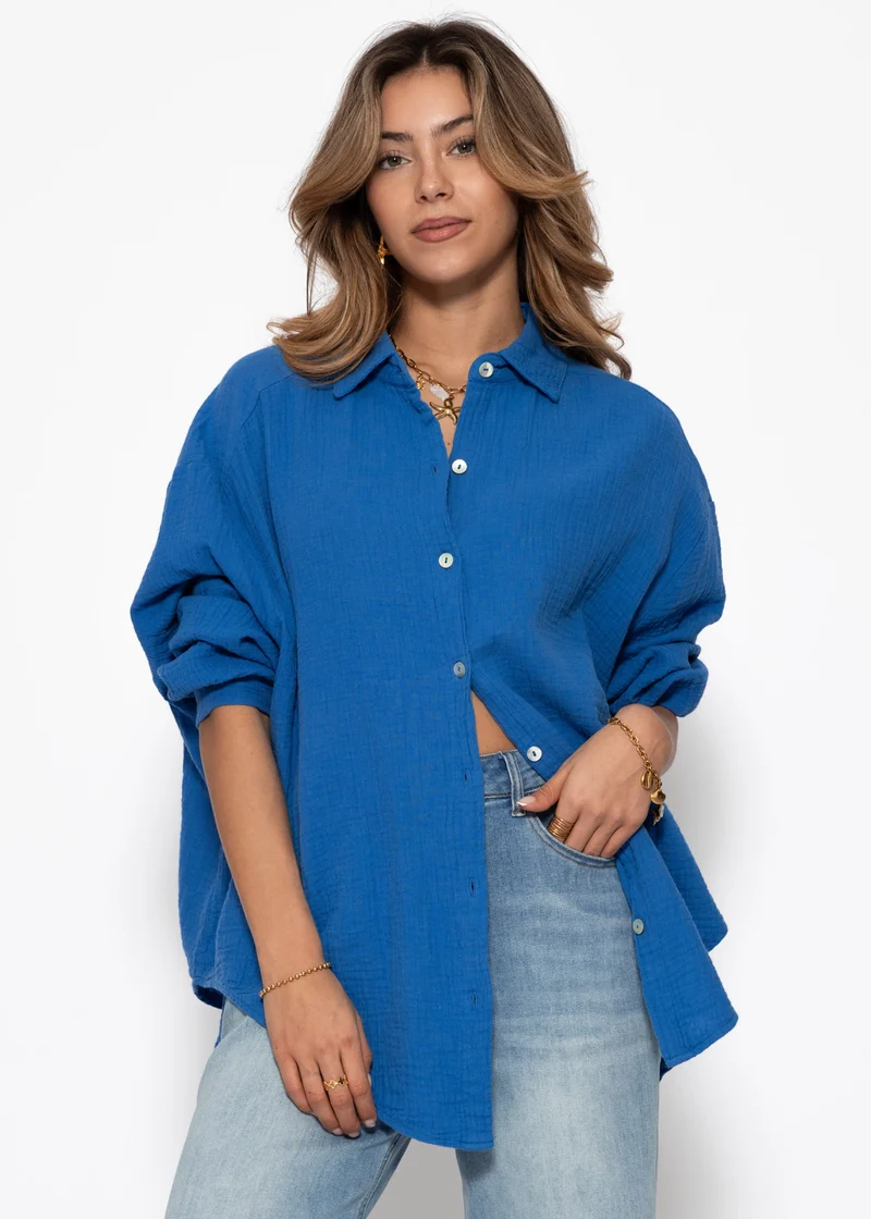 Musselin Bluse oversize, kurz - royalblau