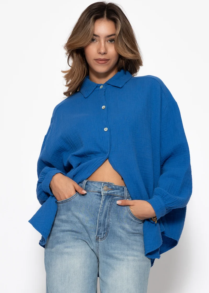 Musselin Bluse oversize, kurz - royalblau