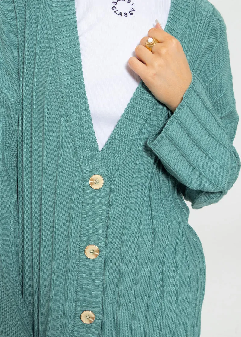 Fließender Cardigan mit Rippenstruktur - grün