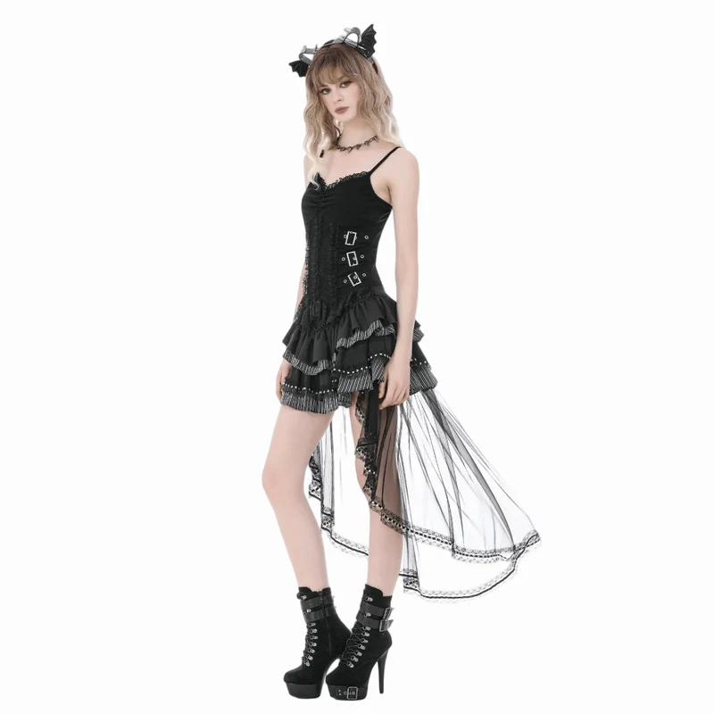 Gothic-Tanktop für Damen mit mehrlagigen Schnallenriemen, Spitzenapplikationen