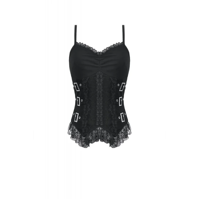 Gothic-Tanktop für Damen mit mehrlagigen Schnallenriemen, Spitzenapplikationen