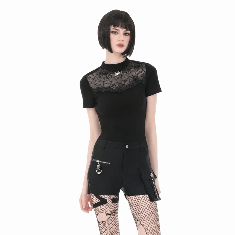 Gothic-T-Shirt für Damen mit Spinnennetz-Motiv und kurzen Ärmeln