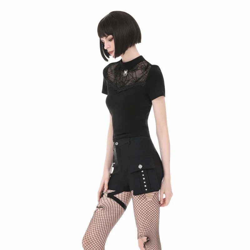 Gothic-T-Shirt für Damen mit Spinnennetz-Motiv und kurzen Ärmeln