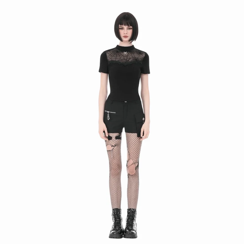 Gothic-T-Shirt für Damen mit Spinnennetz-Motiv und kurzen Ärmeln
