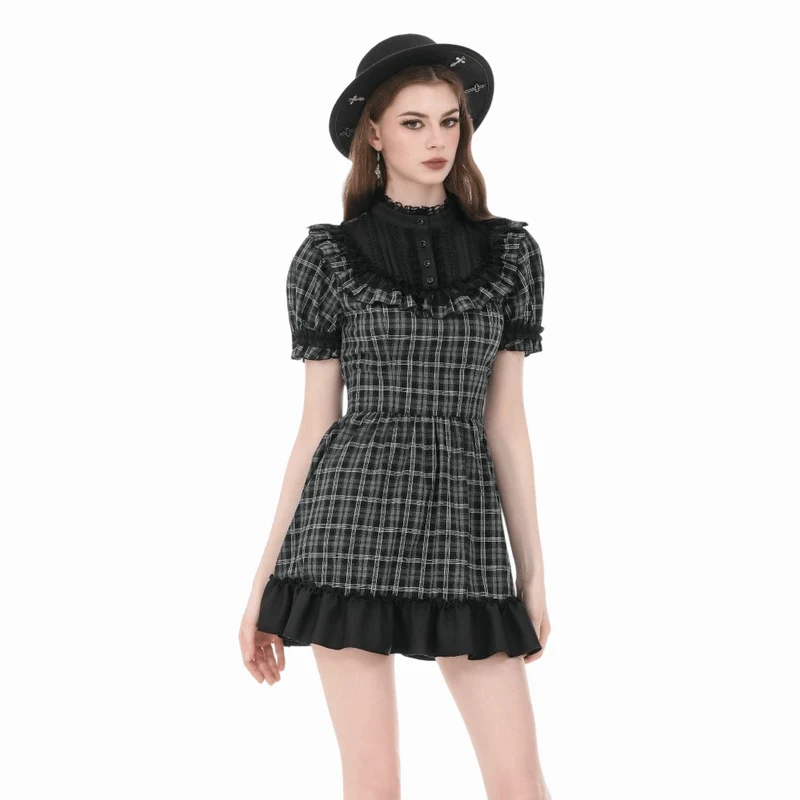 Gothic-Kleid für Damen mit Rüschen, Karomuster und kurzen Ärmeln