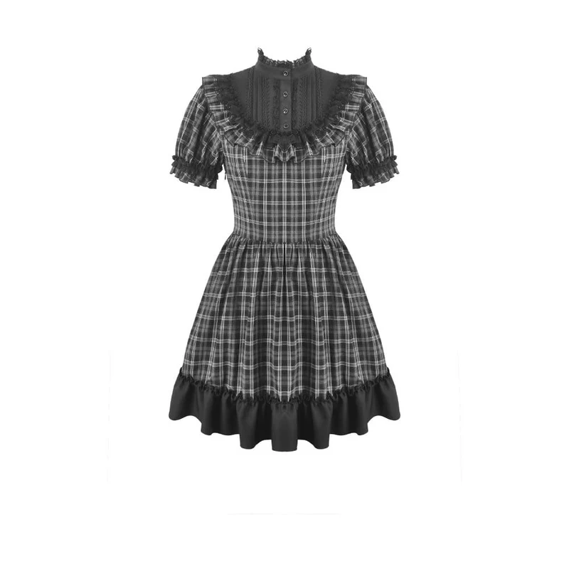 Gothic-Kleid für Damen mit Rüschen, Karomuster und kurzen Ärmeln