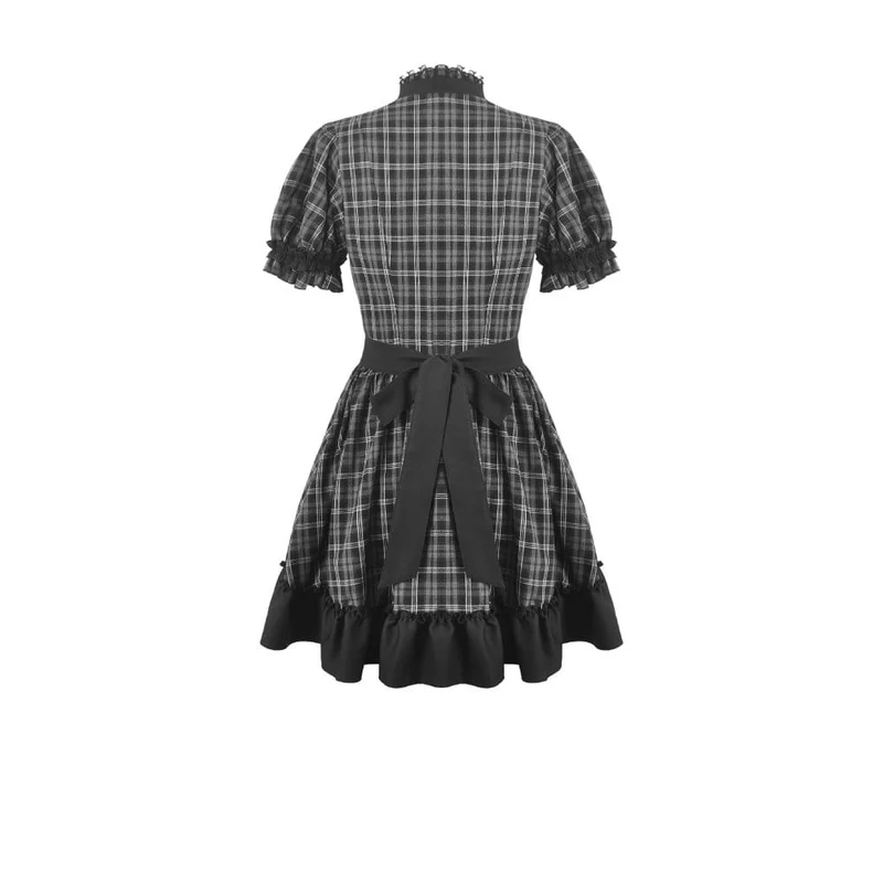 Gothic-Kleid für Damen mit Rüschen, Karomuster und kurzen Ärmeln