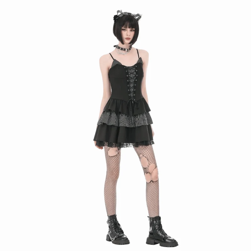 Gothic-Nadelstreifen-Schnürkleid für Damen, Abschlusskleid