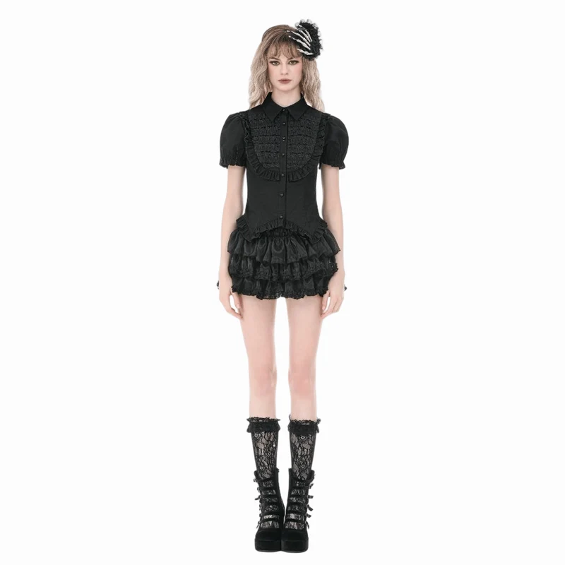 Gothic-Damenbluse mit gerafftem Umlegekragen und Puffärmeln