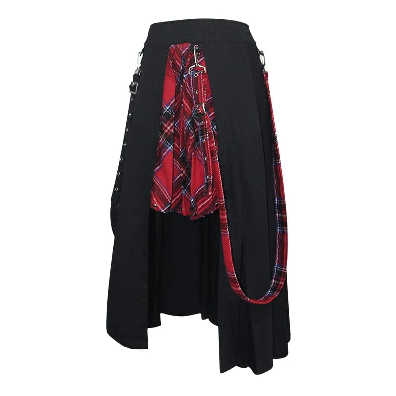 Damen Gothic Seitenschlitz rot karierter Rock mit Riemen