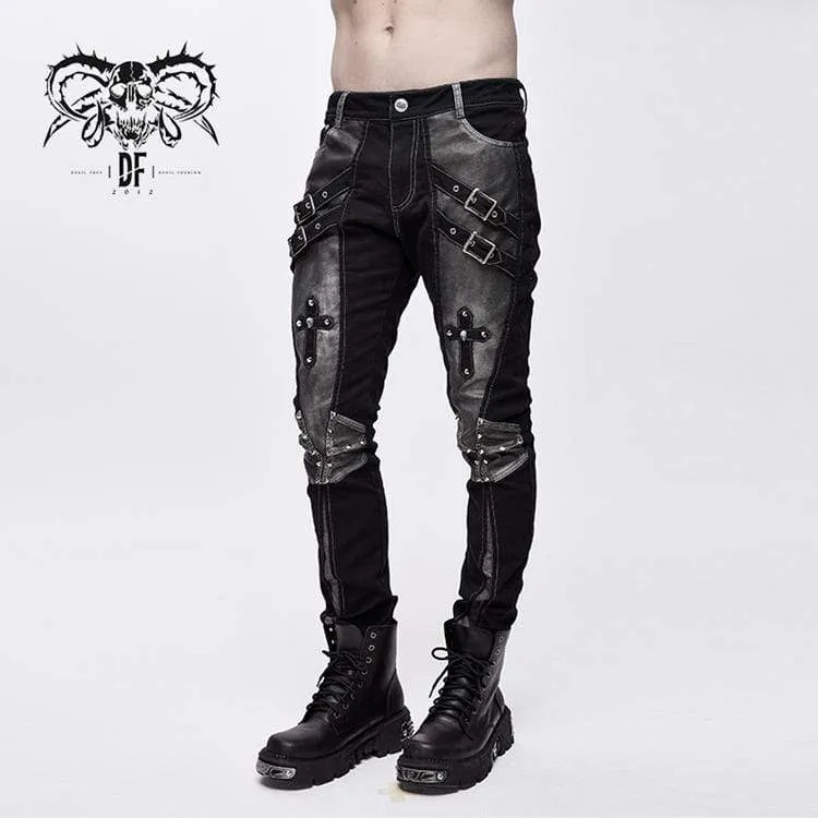 Herren Punk Cross Nieten Kunstlederhose