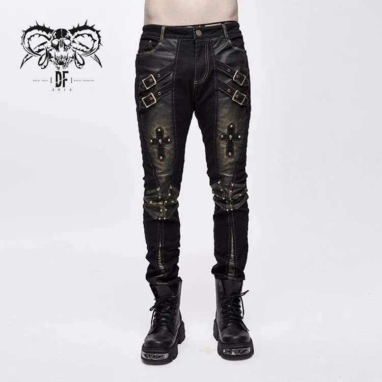 Herren Punk Cross Nieten Kunstlederhose