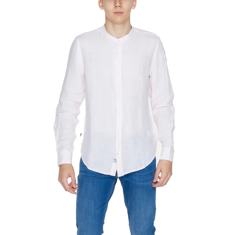 Blauer Herrenhemd aus rosa Leinen, Mandarin-Stil