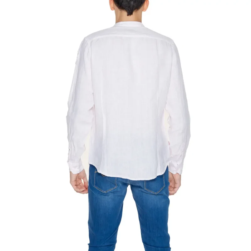 Blauer Herrenhemd aus rosa Leinen, Mandarin-Stil