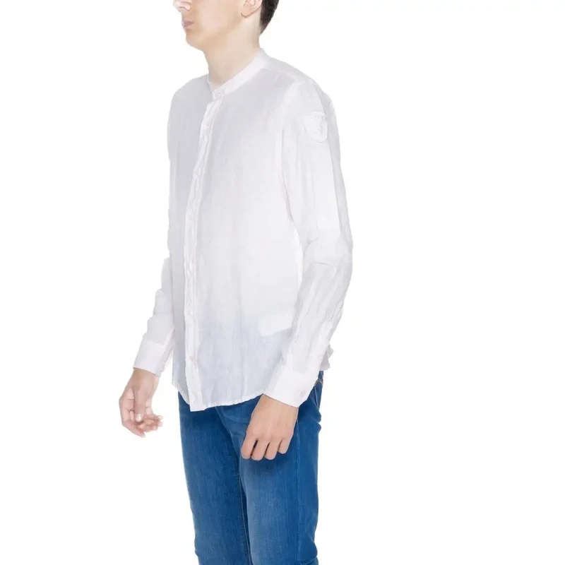 Blauer Herrenhemd aus rosa Leinen, Mandarin-Stil