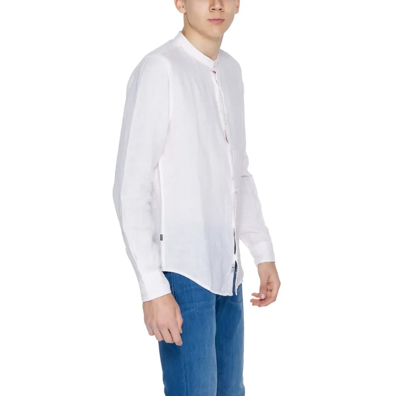 Blauer Herrenhemd aus rosa Leinen, Mandarin-Stil
