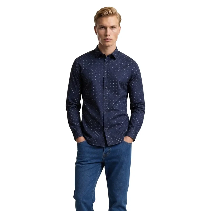 Armani Exchange Herrenhemd aus blauer Baumwolle mit geometrischem Muster