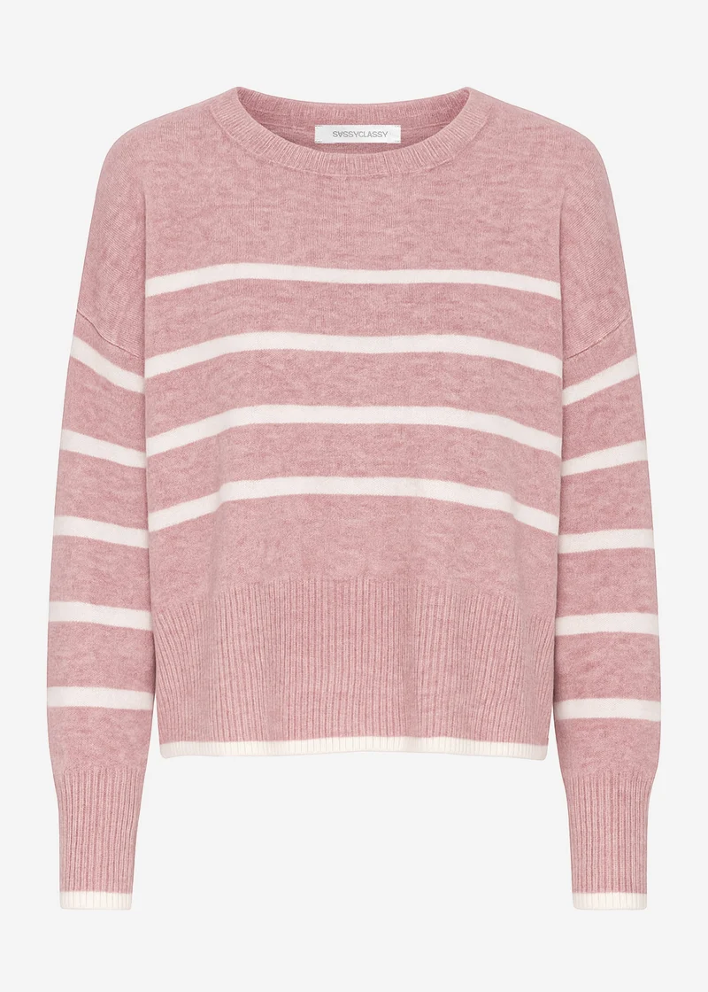 Gestreifter Strickpullover mit Seitenschlitzen - altrosa