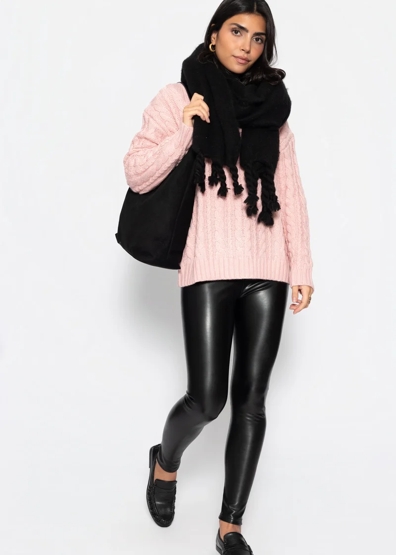 Zopfstrickpullover mit V-Ausschnitt - rosa
