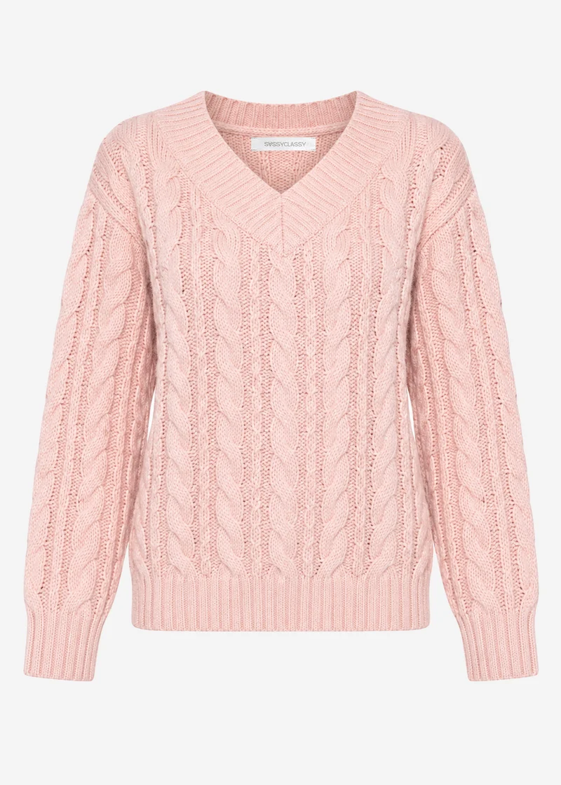 Zopfstrickpullover mit V-Ausschnitt - rosa