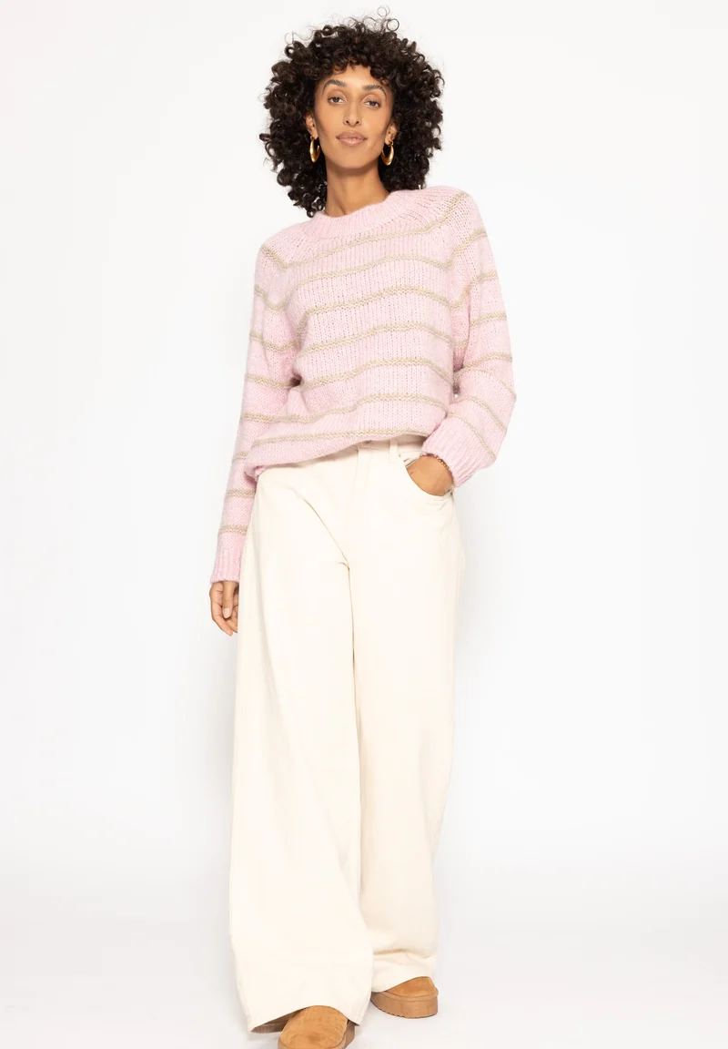 Gestreifter Pullover mit Rundhalsausschnitt - rosa