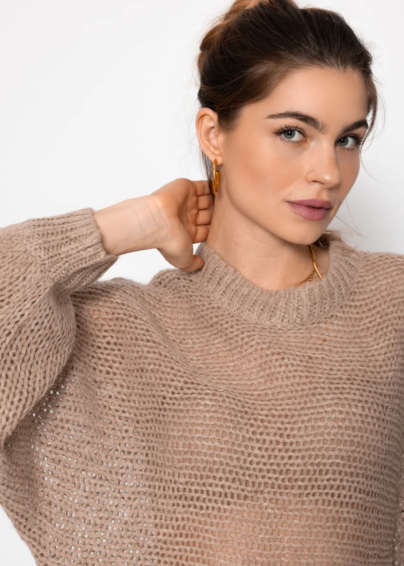 Locker gestrickter Pullover mit Fledermausärmeln - beige
