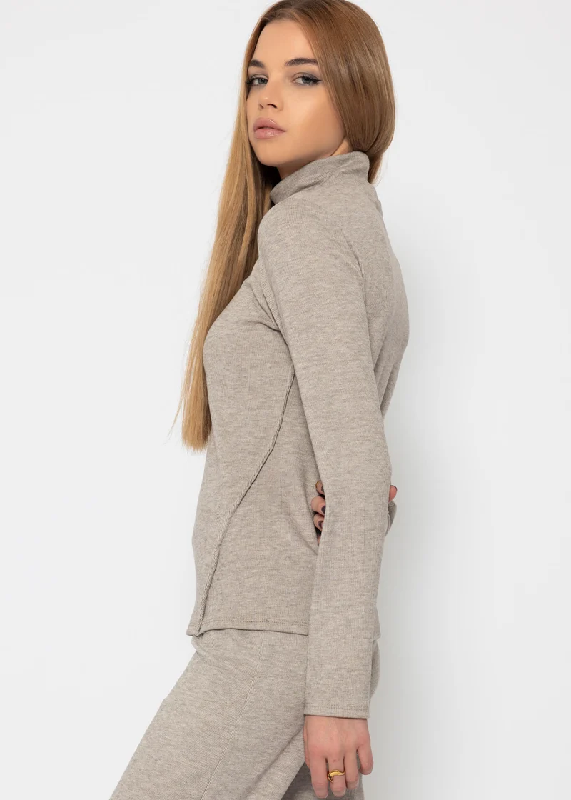 Rollkragen-Shirt mit Ziernähten - taupe meliert