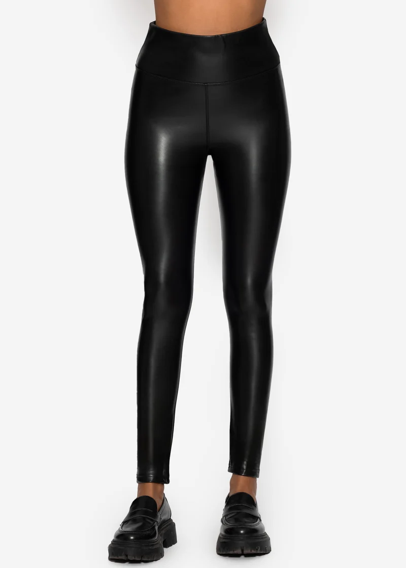 High-Rise Lederleggings mit breitem Bund - schwarz