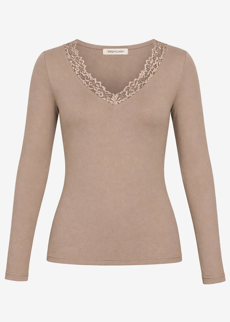Langarmshirt mit Spitzenausschnitt - taupe