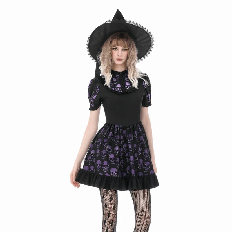 Gothic-Kleid mit Totenkopfprint und kurzen Ärmeln für Damen