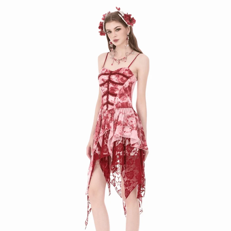 Gothic-Kleid für Damen, asymmetrisch, gestuft, Batikmuster