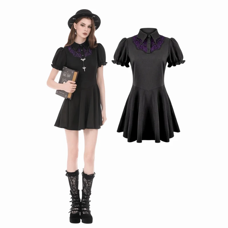 Gothic-Kleid für Damen, zweifarbig, mit Umlegekragen und Puffärmeln