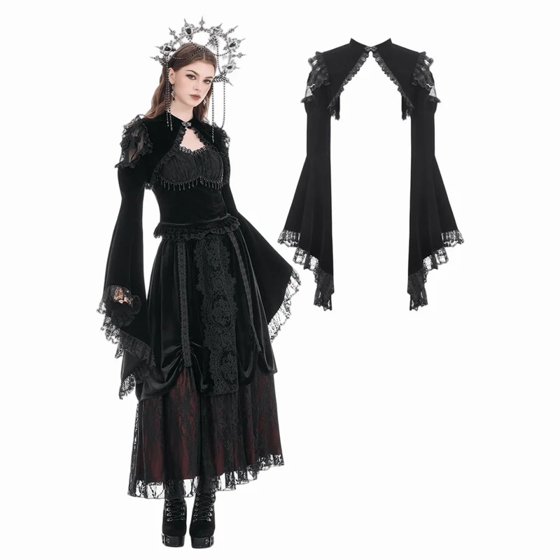 Gothic-Umhang für Damen aus Samt mit floralem Mesh-Einsatz, Rüschenärmeln und ausgestelltem Rock