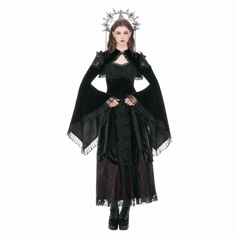 Gothic-Umhang für Damen aus Samt mit floralem Mesh-Einsatz, Rüschenärmeln und ausgestelltem Rock