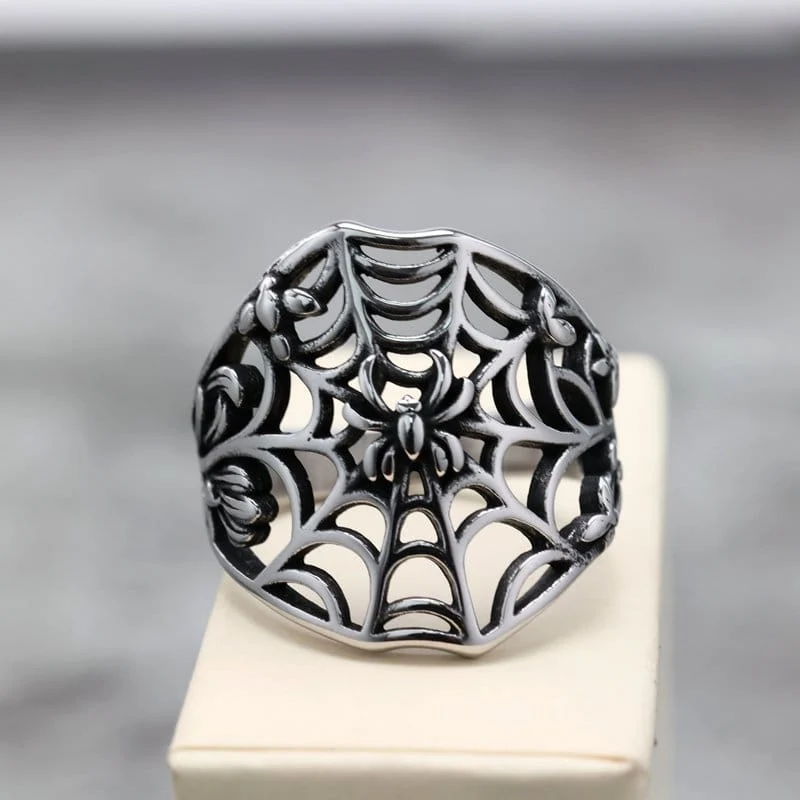 Punk-Ring für Herren mit ausgehöhltem Spinnennetz-Motiv
