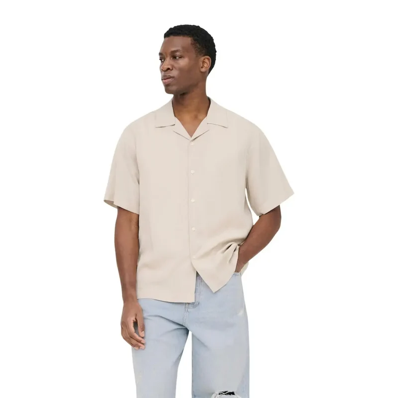 Only And Sons Herren Beige Tencel V-Ausschnitt Hemd